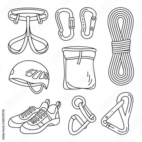 Hand-drawn line art collection of essential rock climbing safety gear