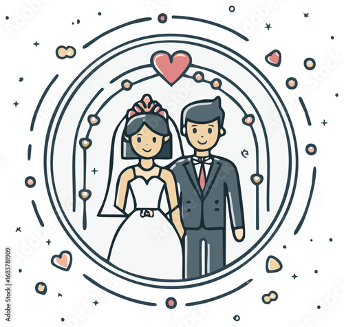 Smiling Bride and Groom Couple Getting Married in Wedding Arch Doodle Vector Illustration