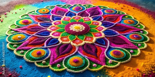 An intricate and colorful rangoli design, showcasing vibrant patterns and textures, creating a visually stunning display of traditional indian art, celebrating culture and festivity