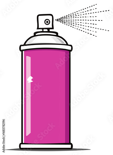 Pink Spray Can Cartoon Illustration with Spraying Action in Black Outline
