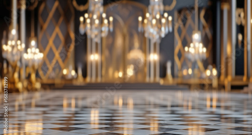 Luxury ballroom with polished black and white marble floor, golden chandeliers and elegant wall decor, grand event hall background