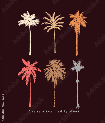 Colorful and stylized illustration of silhouettes of coconut and palm trees.