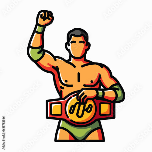 Champion Wrestler Celebrates Victory With Championship Belt Raised Arm