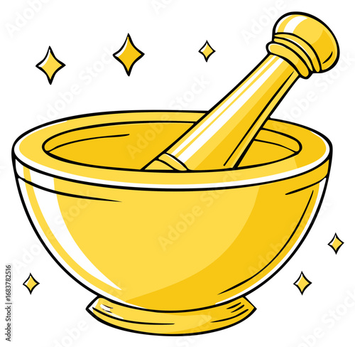 Golden mortar and pestle with sparkles illustration