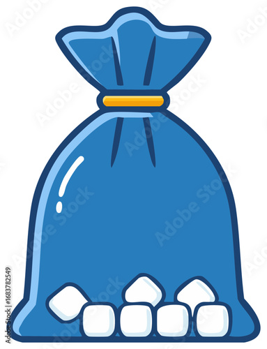 Cartoon blue plastic bag containing ice cubes tied with rubber band vector illustration