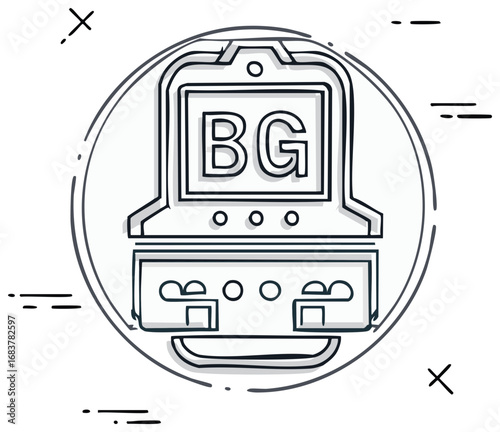 Outline illustration of an old fashioned slot machine with BG letters on screen