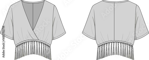 Trendy short sleeve fringe wrap top, boho crop blouse design, technical flat sketch, fashion CAD vector drawing illustration