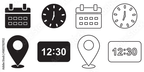 Address time date icons set. Address location icon. Clock, timer icon. Date Calendar icon. Time, date, location or place icons symbol. Line and flat web icons. Calendar, clock, and location pin symbol