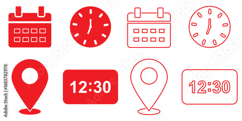 Address time date icons set. Address location icon. Clock, timer icon. Date Calendar icon. Time, date, location or place icons symbol. Line and flat web icons. Calendar, clock, and location pin symbol