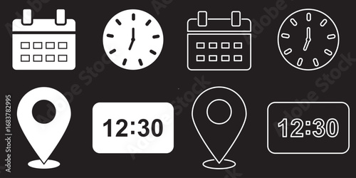 Address time date icons set. Address location icon. Clock, timer icon. Date Calendar icon. Time, date, location or place icons symbol. Line and flat web icons. Calendar, clock, and location pin symbol