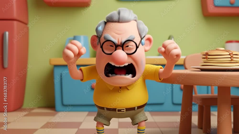 Angry Cartoon Grandpa in Kitchen - A 3D animated elderly man with grey ...