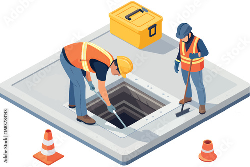 Construction workers performing maintenance on a manhole cover with safety cones and toolbox