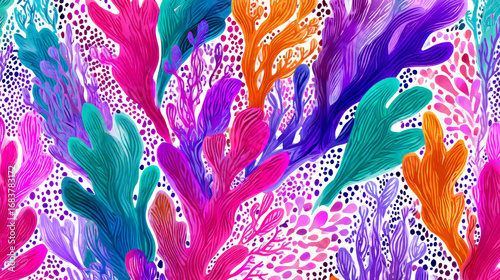 Seamless pattern abstract background with colorful ornament. Hand draw illustration. Algae sea motif. Drawing with marker and colored pencil