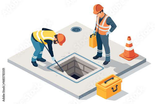 Construction workers inspecting underground utility access point safety and maintenance