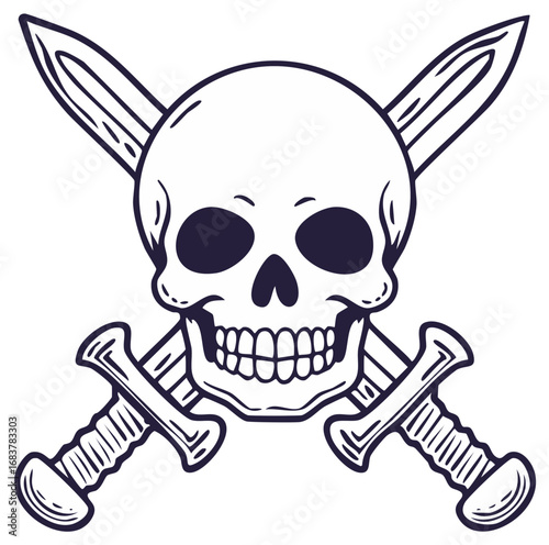 Skull and crossed swords illustration. Simple graphic design with pirate or death themes.