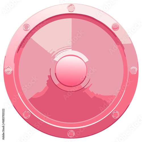 Shiny pink round metal shield or porthole with rivets and glossy highlights vector illustration