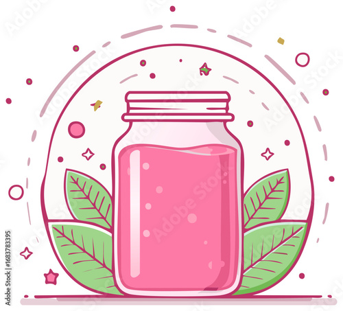 Pink drink in a mason jar with leaves in a whimsical illustration style
