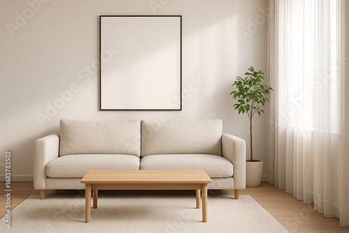 Calm living room interior with a frame mockup on the wall, set in an understated composition, perfect for wall art showcase, clean lines.