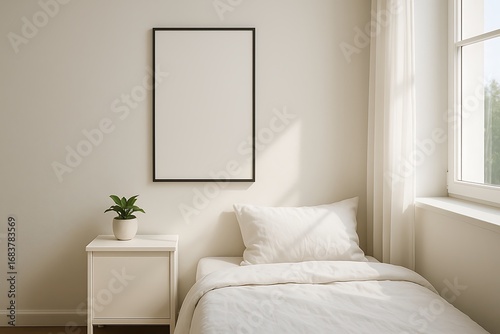Calm living room interior featuring a poster frame above the sofa, in a scandi palette, crafted for elegant mockup use, refined detailing.
