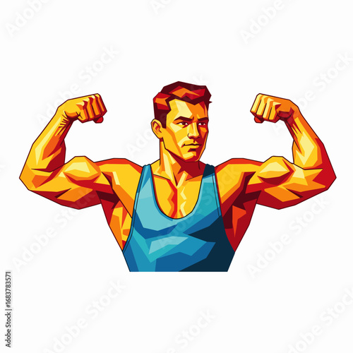 Muscular Man Flexing Biceps Muscles Showing Strength and Fitness