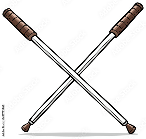 Pair of crossed drumsticks with decorative tips and brown grips