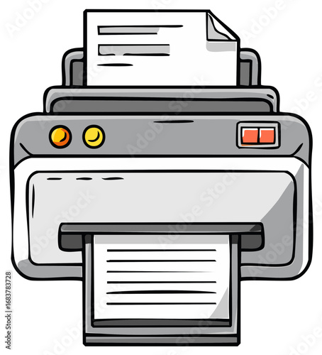Cartoon illustration of a printer printing a document, office, paperwork, technology