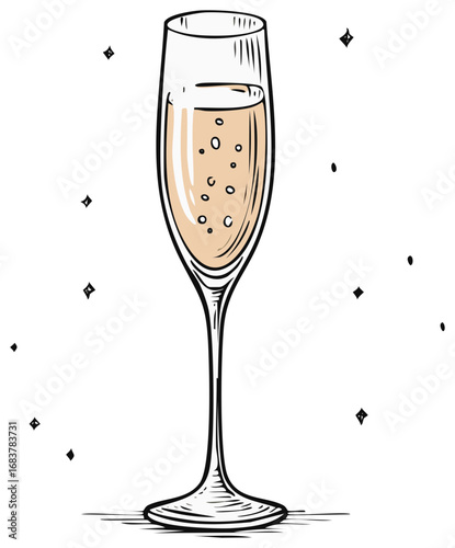 Sparkling champagne flute with bubbly drink and festive starbursts hand drawn illustration