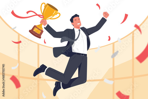 Successful businessman celebrating victory jumping high holding trophy with confetti raining down