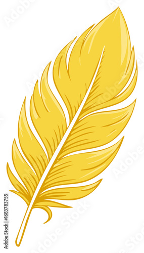 Delicate golden feather illustration, light quill with simple design, vintage feather with stylized swirls and swirls