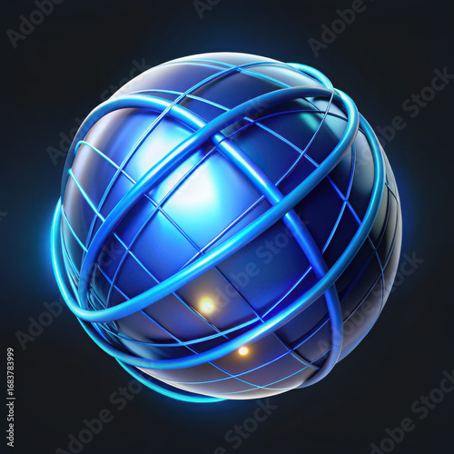 Abstract digital art glowing blue sphere with intertwined neon rings and cosmic glow