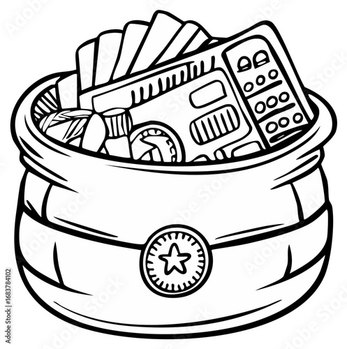 Outlined medicine chest full of various pills, supplements, and medical supplies