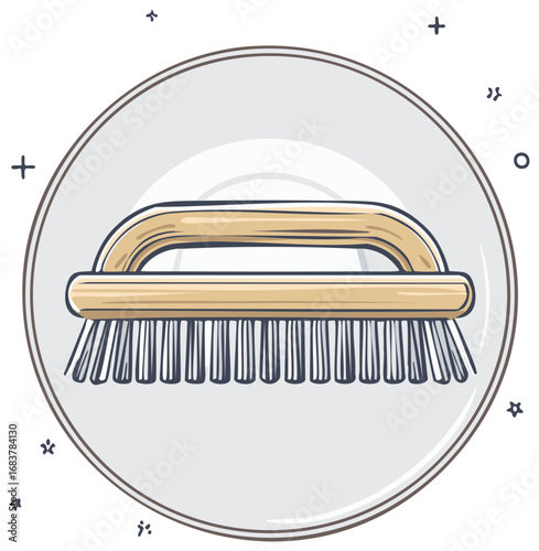 Hand drawn wooden scrub brush icon. Cartoon illustration of a cleaning tool for housework and scrubbing.