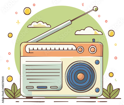 Stylized Retro Radio Illustration with Antenna, Speaker, and Decorative Cloud Elements