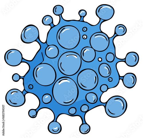 Illustration of blue virus cell with bubbles.  Cartoon illustration on white.