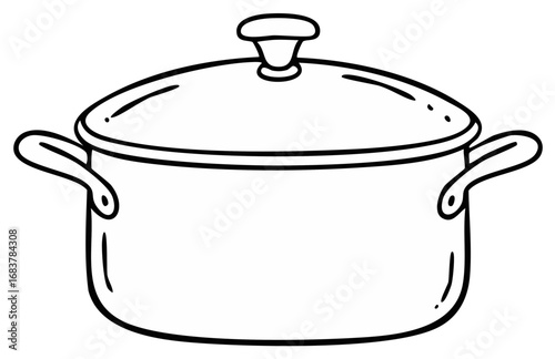 Line drawing of a covered cooking pot with handles