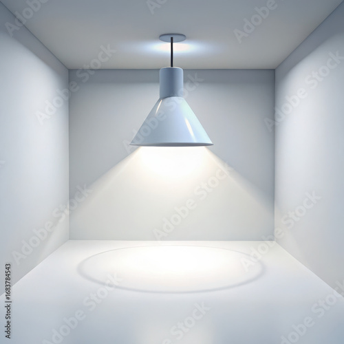 Minimalist modern room with seamless white walls and hanging pendant lamp