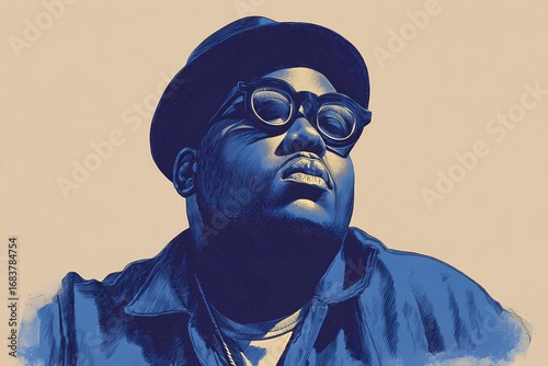 Strong presence of fat black rapper in clean studio shot, neutral stance underlining his expressive and iconic style.