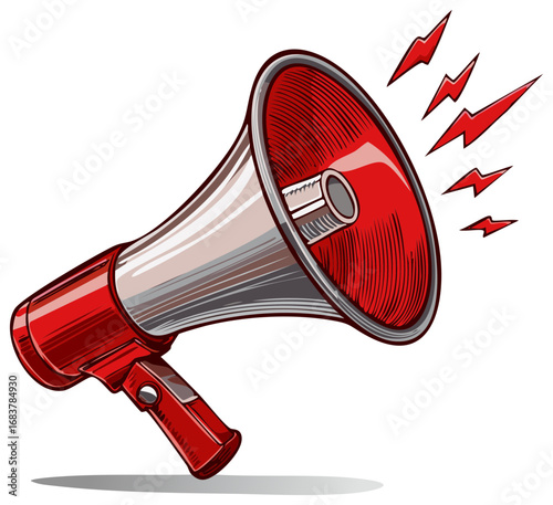 Red megaphone loudspeaker shouting a loud announcement. Vector illustration for communication and protest.