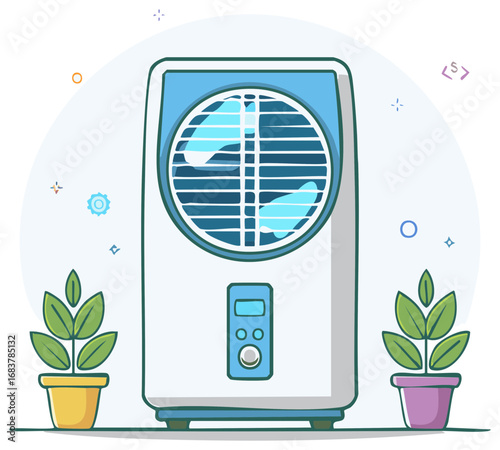 Modern Portable Air Cooler with Plant Illustration