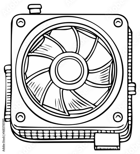 Detailed line art illustration of a computer CPU cooler with fan and heatsink
