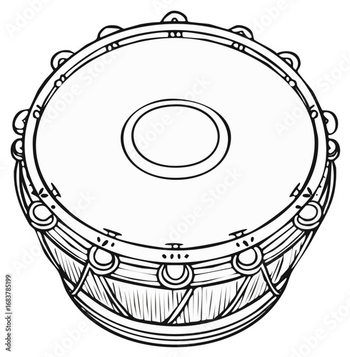 Illustration of a tambourine musical instrument in black and white, top view