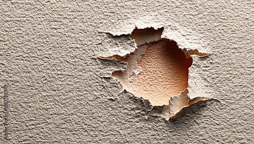 Torn, light beige wall with a hole