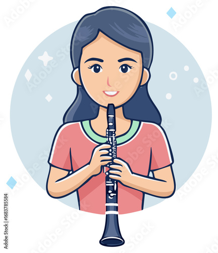 Smiling woman playing clarinet cartoon character avatar music illustration