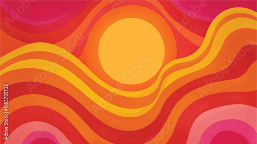 Retro styled abstract sunset or sunrise landscape illustration with wavy lines in warm gradient colors and a prominent sun