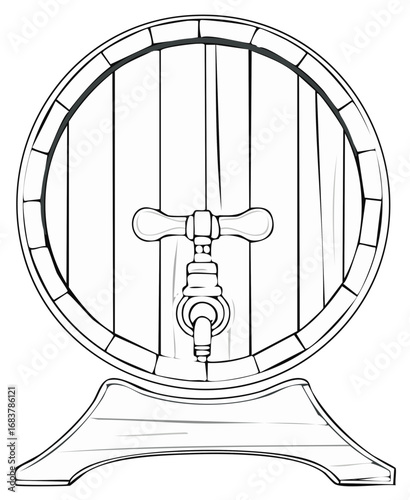 Black and white line art illustration of a classic wooden barrel with a spigot for wine or beer
