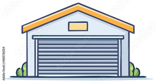 Vector Illustration of a Garage with Closed Door and Yellow Roof in Front of Shrubbery