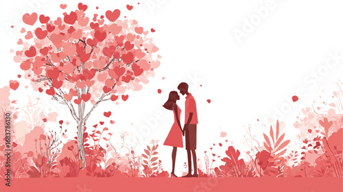 Romantic couple holding hands under a heart tree surrounded by floral designs in pink colors with Valentines Day atmosphere