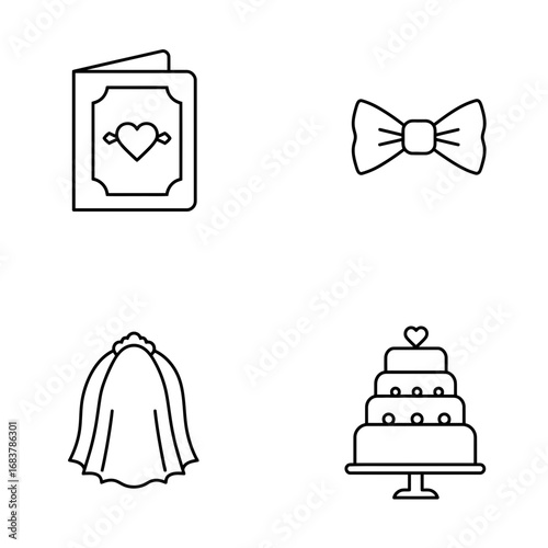 Set of wedding icons in minimalist black outline style, featuring invitation, bride's veil, layered cake, bow tie. Celebration and reception attributes