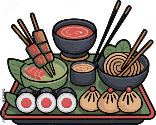 Asian Food Platter Sushi Noodles Dumplings Skewers Culinary Delights