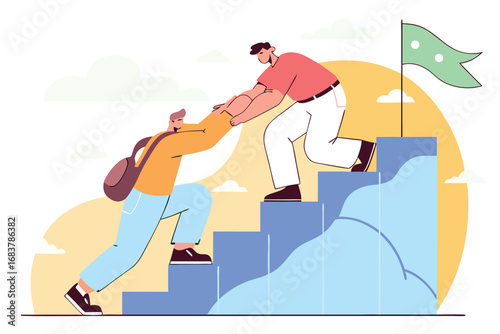Two people ascending stairs towards success symbolized by a green flag on a mountain peak